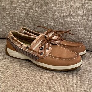 ⚓️ Sperry Topsider Tan & Cream Leather Striped Boat Shoes, Excellent Condition!